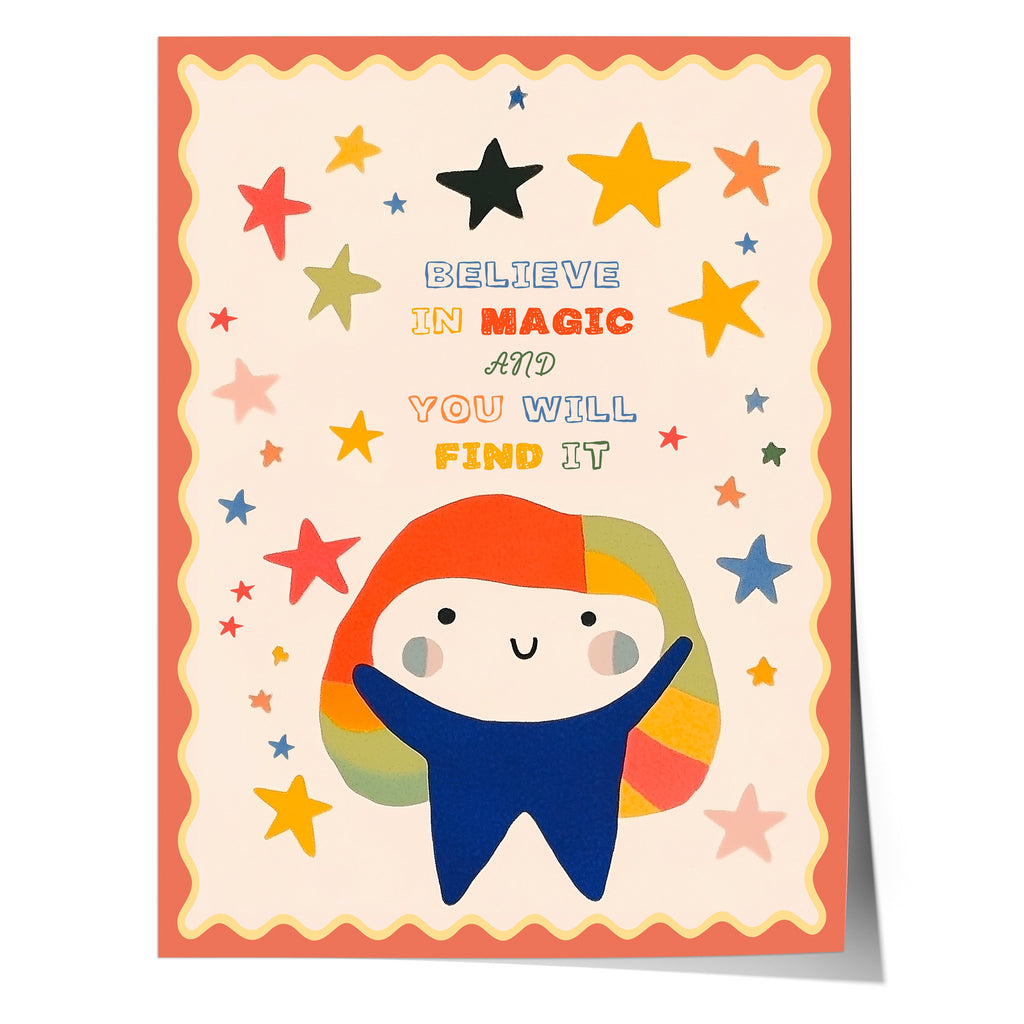 Poster Magie Kinderzimmer · Bunte Sterne & Spruch · Believe in Magic · Liebevoll & Farbenfroh · Geschenk für kleine Träumer · Ohne Rahmen-0