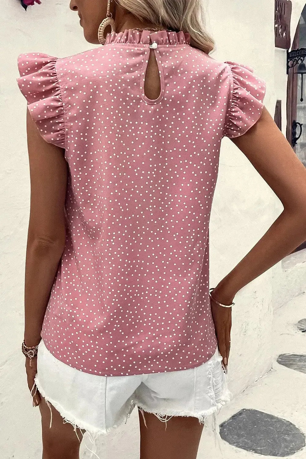 Pink Polka Dots Flutter Sleeve Blouse-1