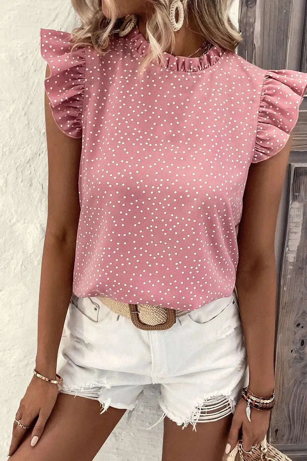 Pink Polka Dots Flutter Sleeve Blouse-2