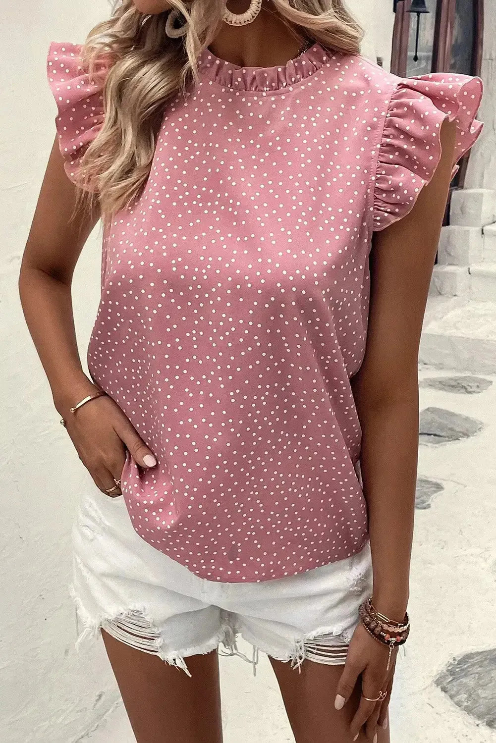 Pink Polka Dots Flutter Sleeve Blouse-3